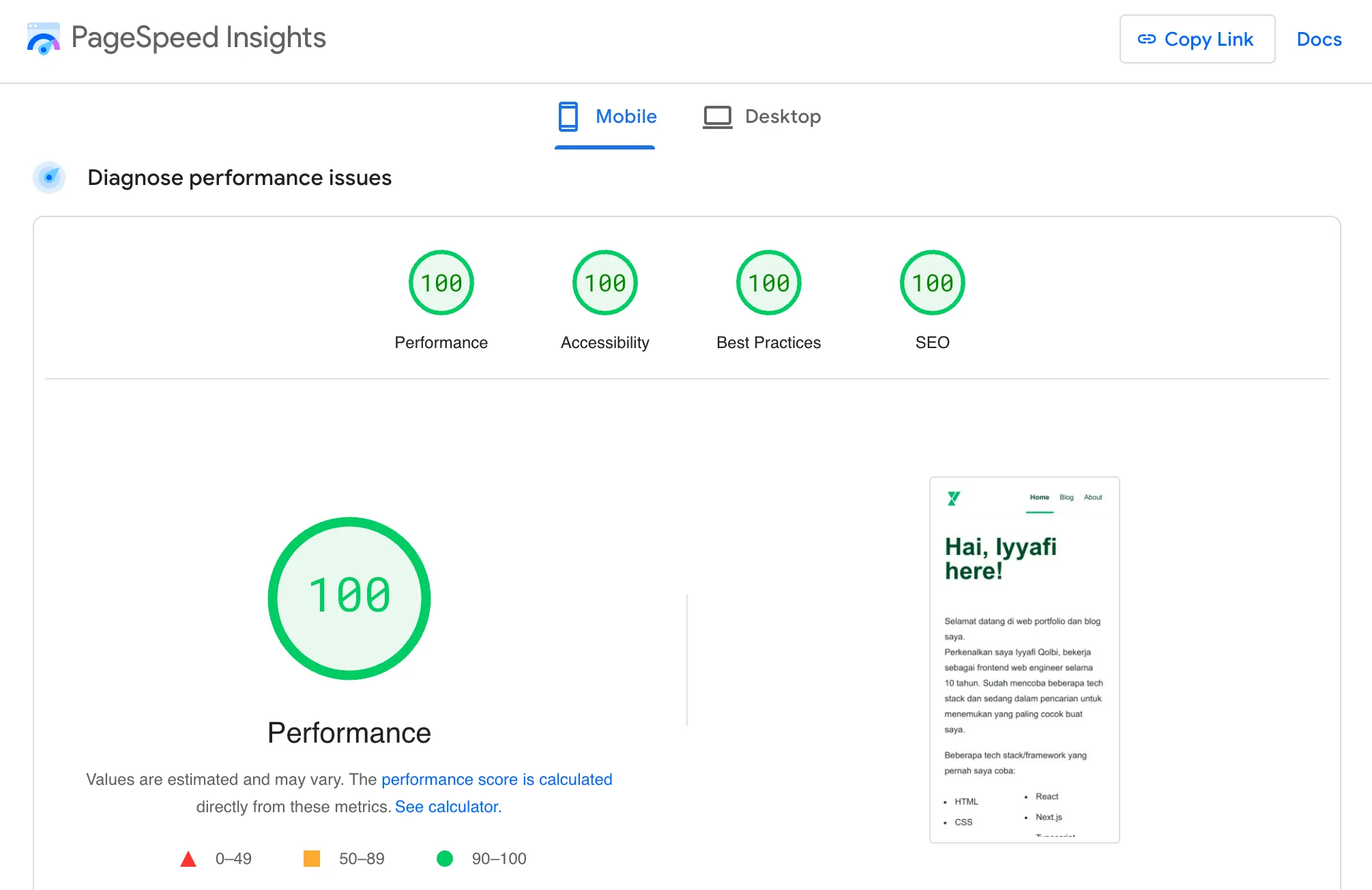 Hasil page speed insight untuk website iyyafi.my.id